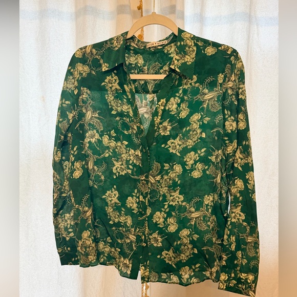Alice + Olivia Eloise Blouse - Green Floral Button-Front Long-Sleeve Blouse - Picture 6 of 7
